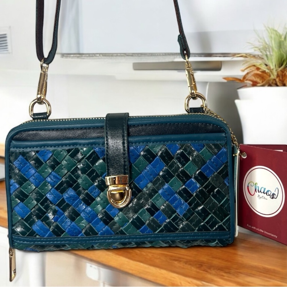 Chaos By Elsie Blue & Green Leather Woven Wallet Crossbody Shoulder Bag New